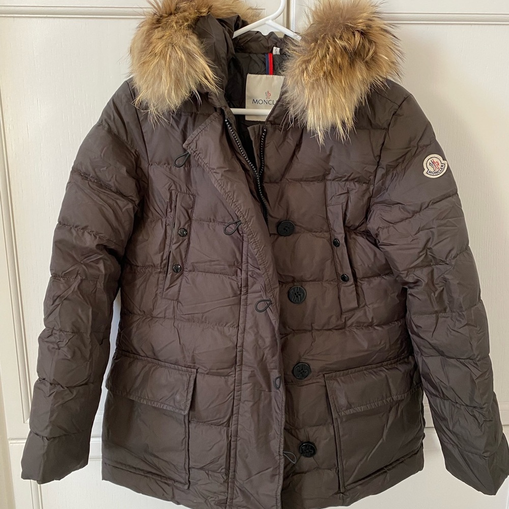 Moncler Brown Down Ski Jacket with Fur-Trim Hood